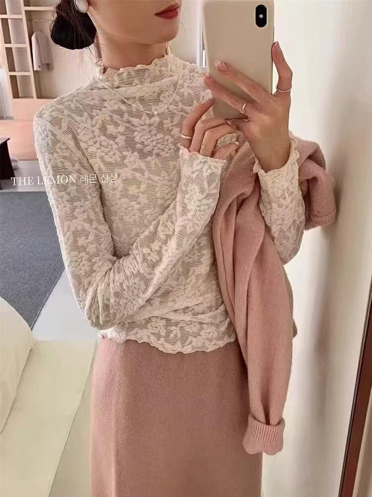 Long-Sleeve Mock Neck Lace Top Product Image