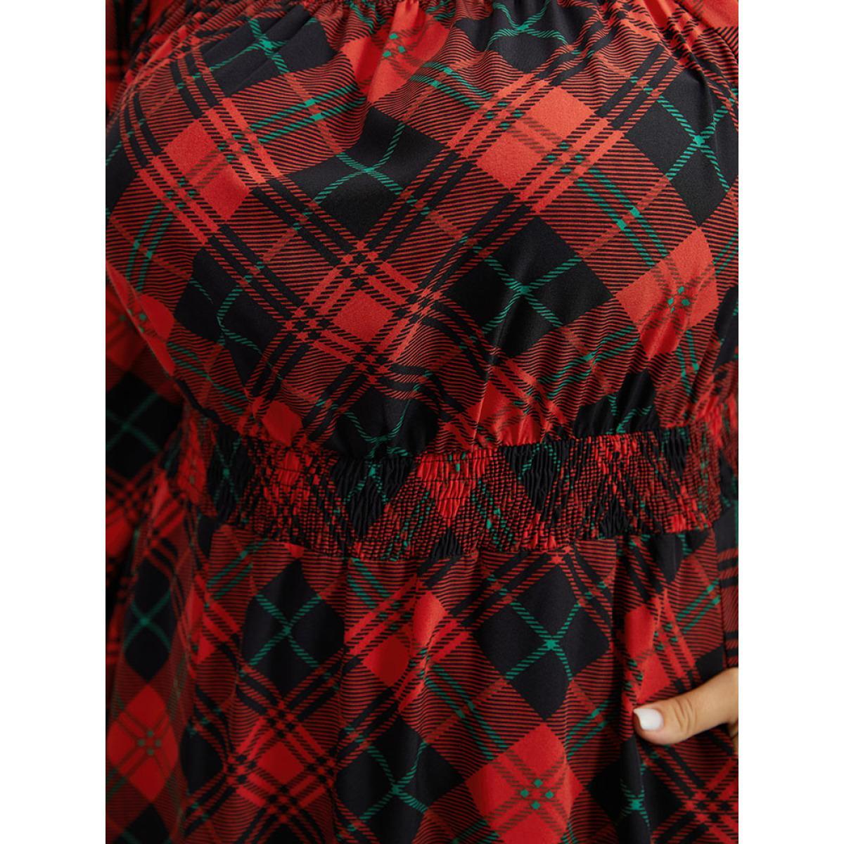 Plus Size Plaid Shirred Frill Trim Pocket Square Neck Dress Scarlet Women Elegant Elastic cuffs Square Neck Long Sleeve Curvy Midi Dress BloomChic 18-20/2X Product Image