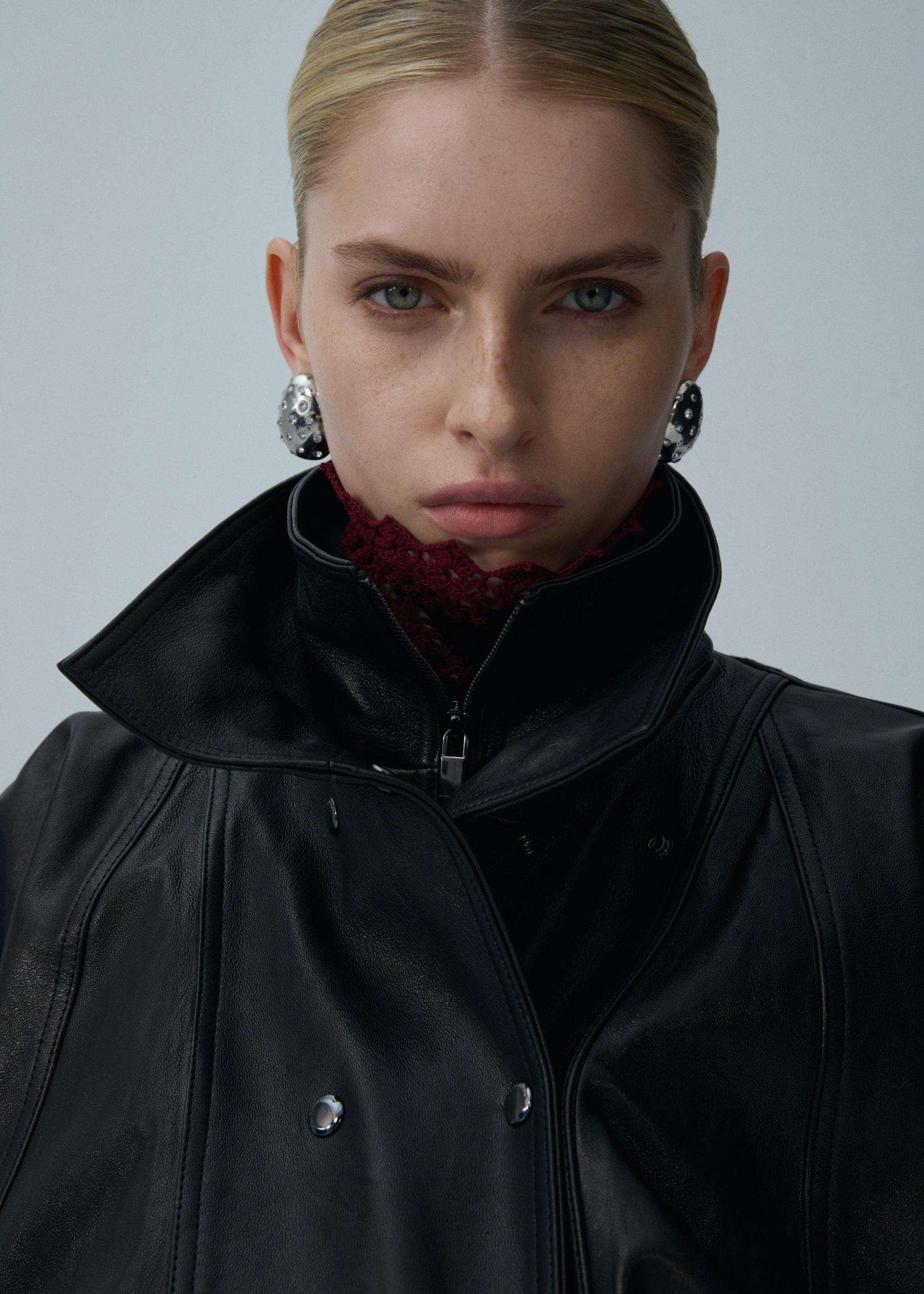 Cinched leather jacket in black Product Image