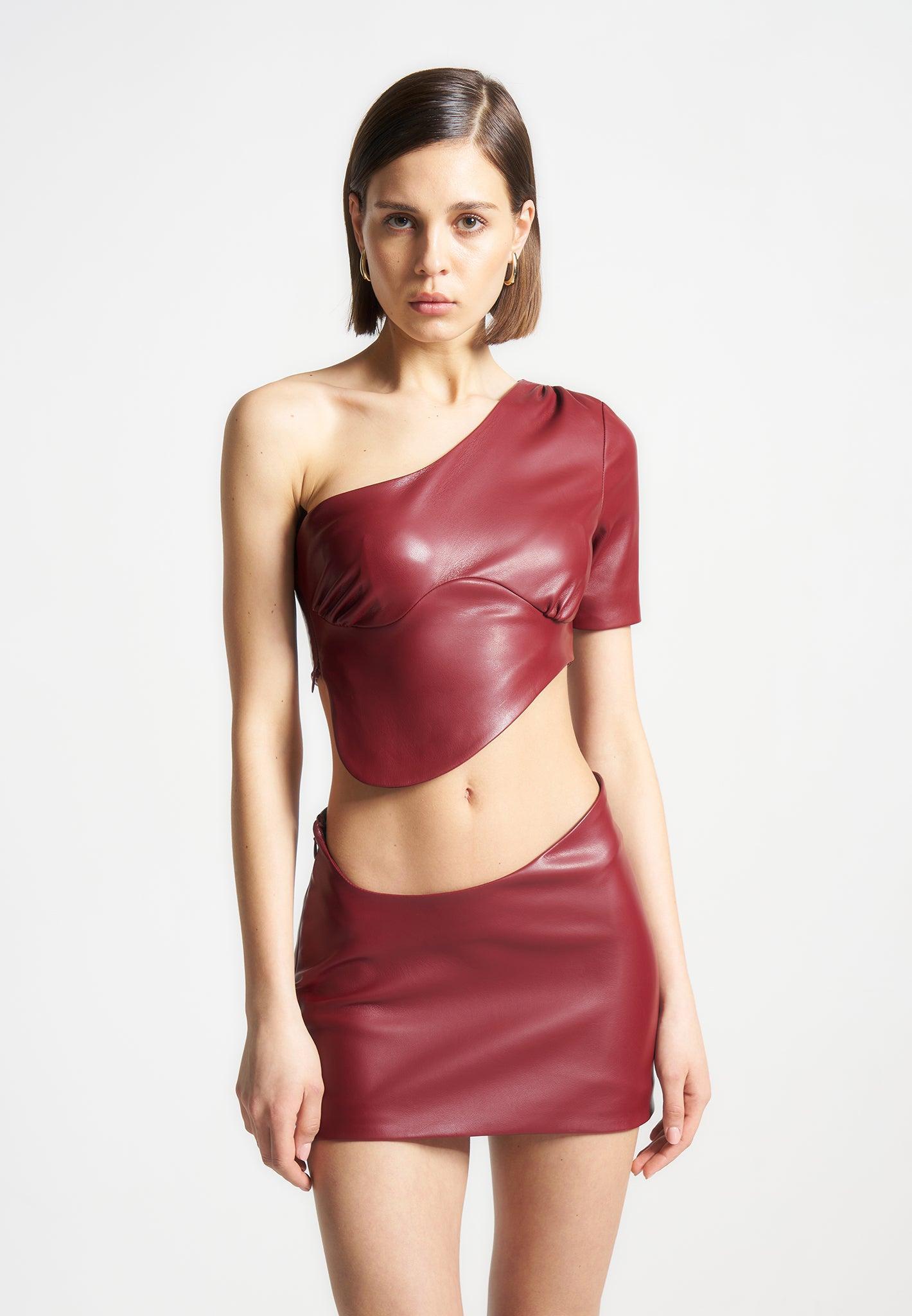 Curved Waist Leather Mini Skirt - Wine Red Female Product Image