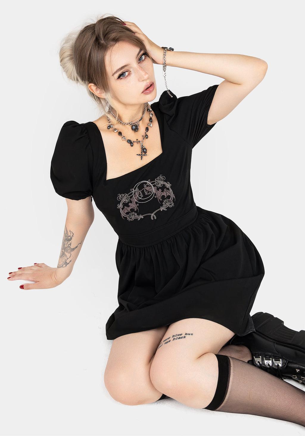 Vampyrum Bat Embroidered Puff Sleeve Mini Dress Product Image