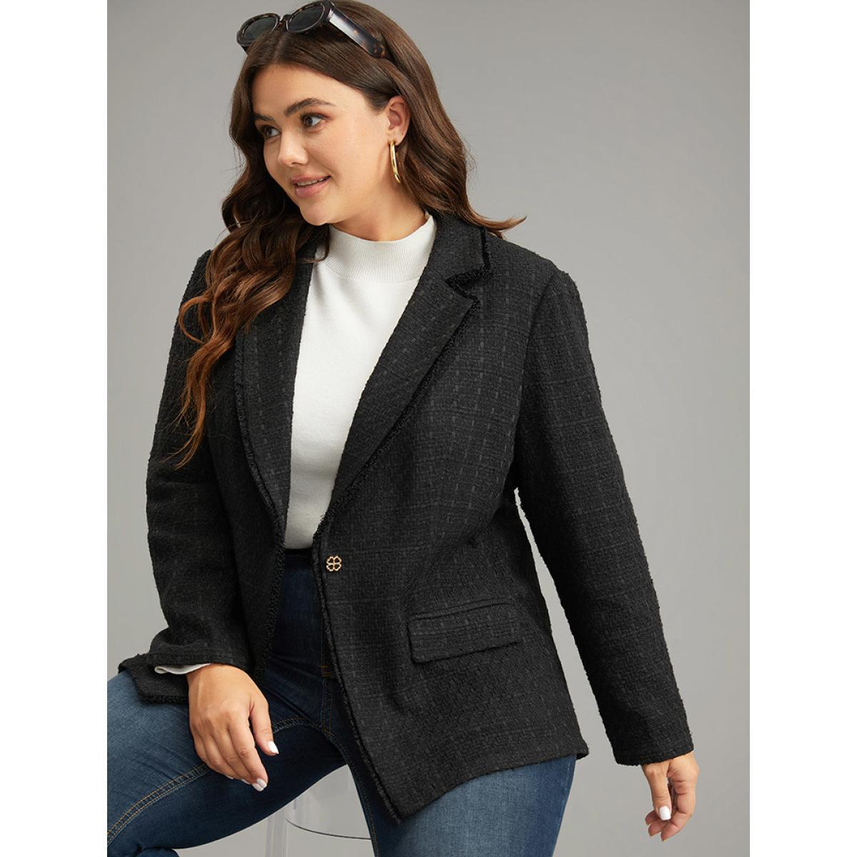 Plus Size Plain Tweed Plisse Pocket Button Through Blazer Black Women Dailywear Plain Texture Sleeve Long Sleeve Suit Collar 14-16/1X Pocket Elegant Blazers BloomChic Product Image