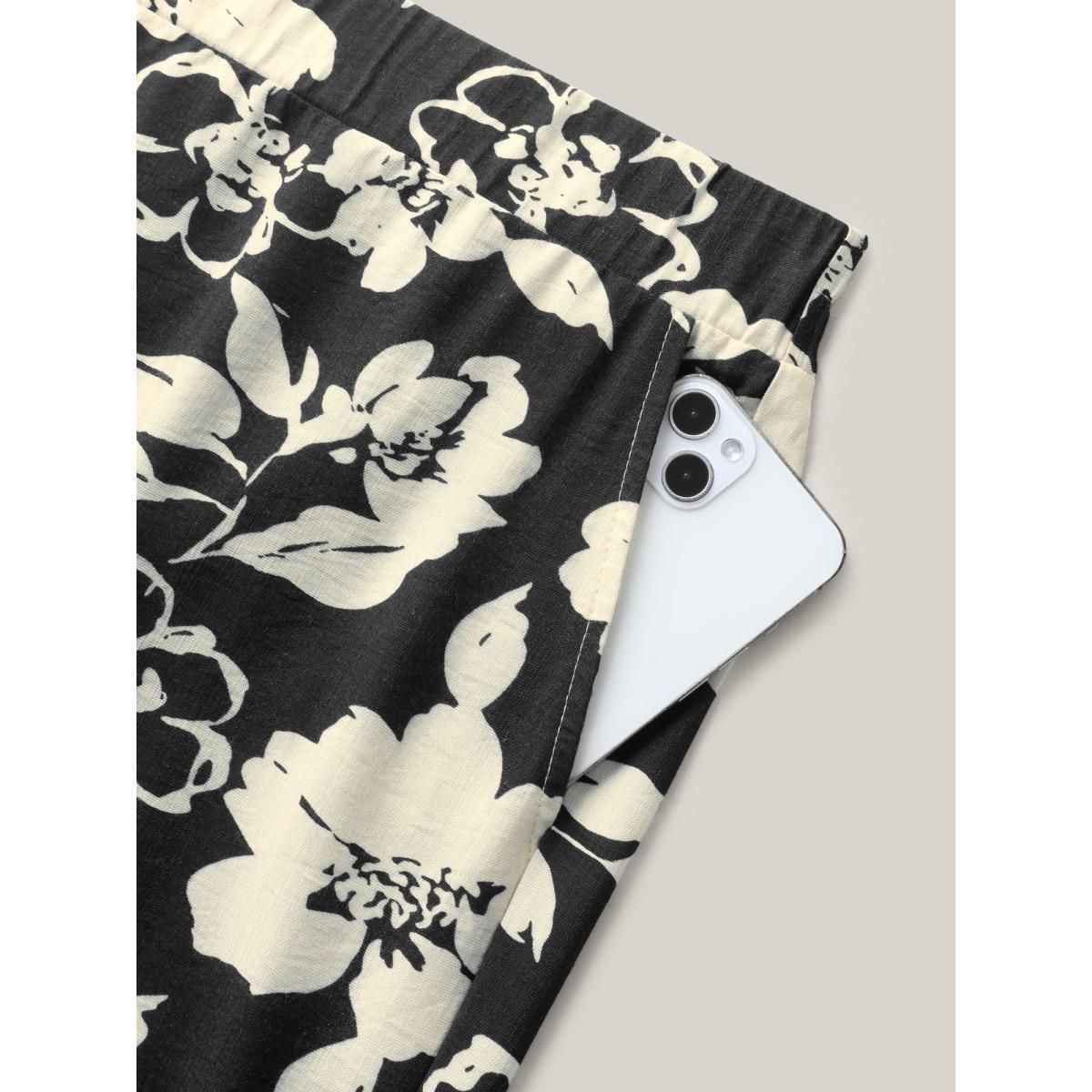 Plus Size Floral Print Pull-On Wide-Leg Pants Women BlackFlower Elegant Wide Leg Mid Rise Everyday-Elegant Pants BloomChic 26/4X Product Image