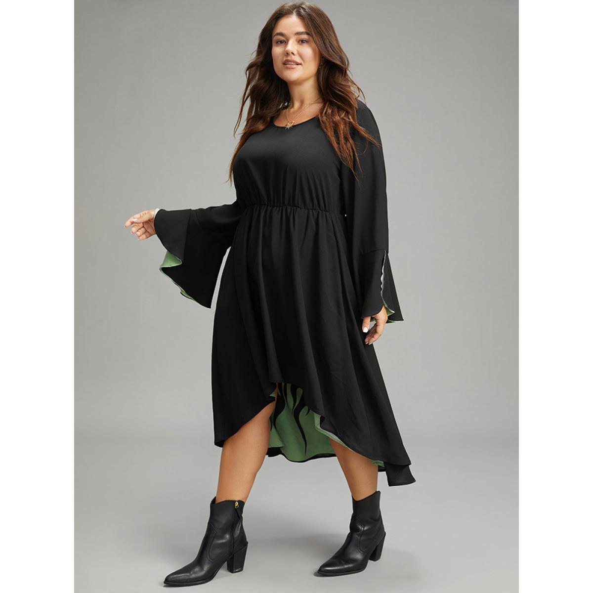 Plus Size Halloween Contrast Split Bell Sleeve High Low Hem Dress Black Women Glamour Lined Round Neck Long Sleeve Curvy Midi Dress BloomChic 12/L Product Image