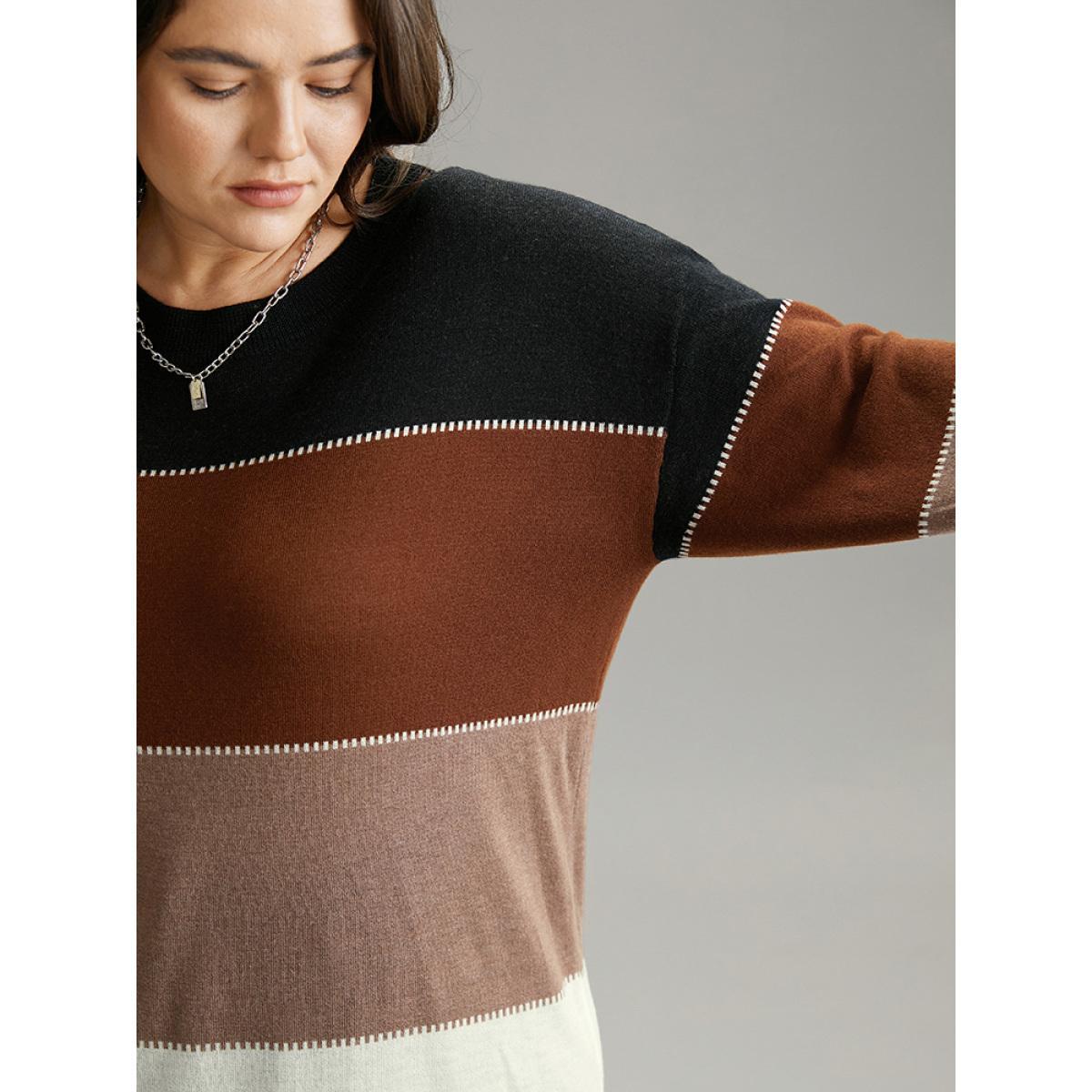Plus Size Supersoft Essentials Colorblock Contrast Round Neck Pullover Multicolor Women Casual Loose Long Sleeve Round Neck Everyday Pullovers BloomChic 26/4X Product Image