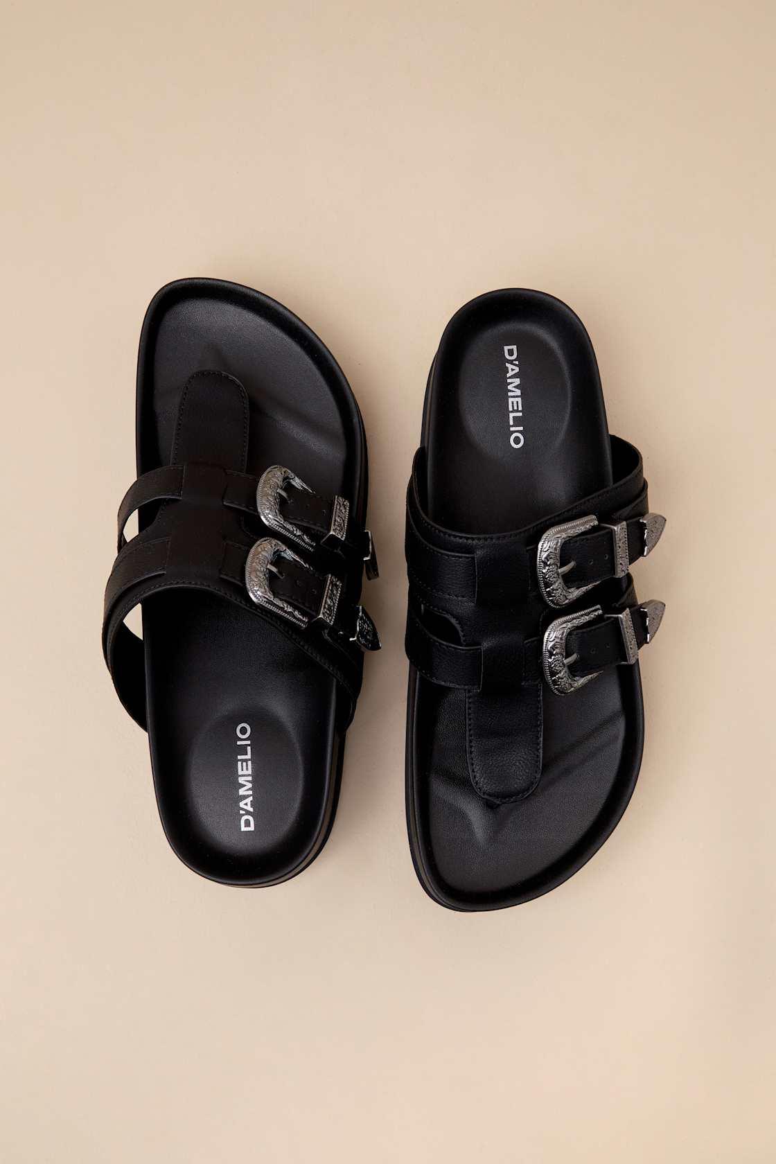 Nyra Black Faux Leather Thong Buckle Flatform Sandals Product Image