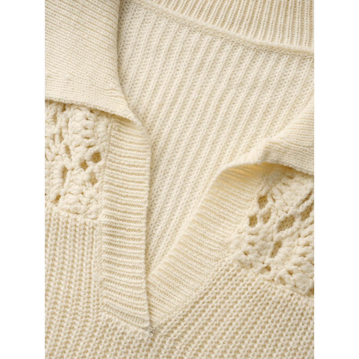 Plus Size Hand Crocheted Polo Collared Pullover Beige Women Casual Long Sleeve Polo Everyday Pullovers BloomChic 26/4X Product Image