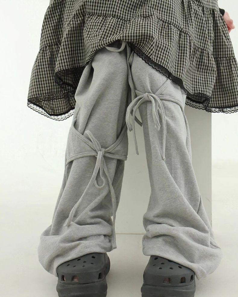 Drawstring Waist Plain Lace-Up Wide Leg Pants Product Image