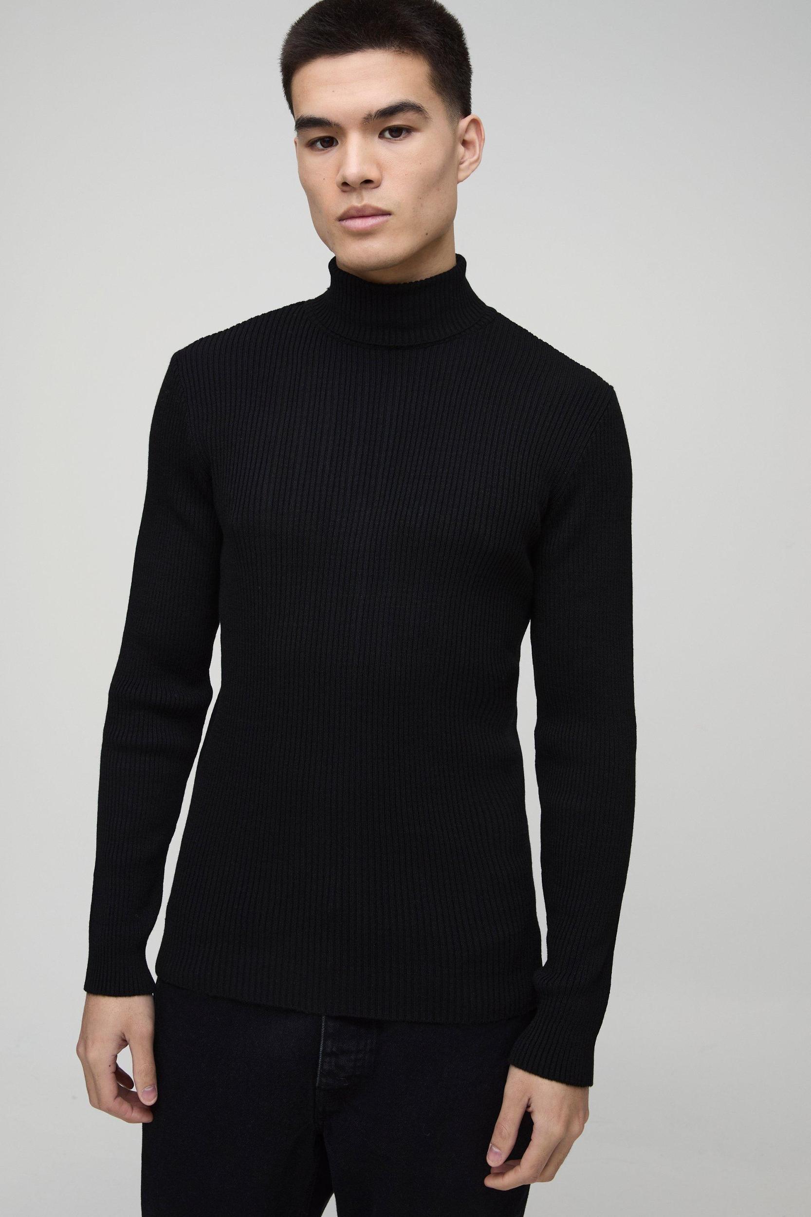 Mens Muscle Fit Ribbed Knit Roll Neck Jumper In Black, Black Product Image