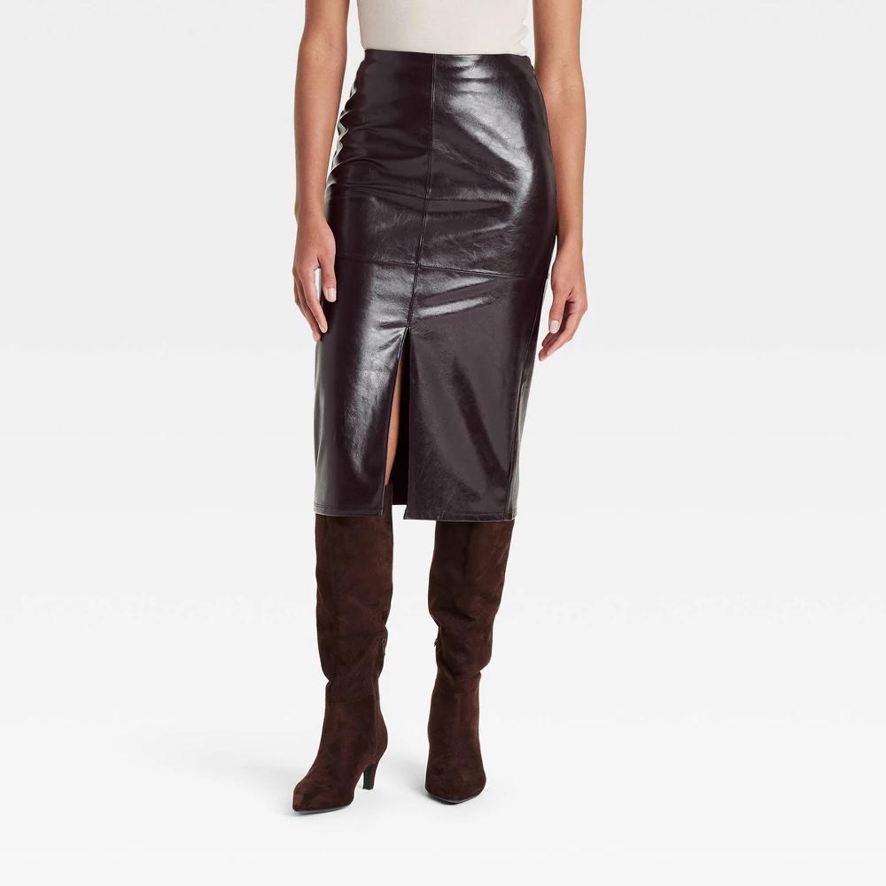 Womens Faux Leather Midi Skirt - A New Day Brown 16: A-Line, Side Zipper, Machine Washable Product Image