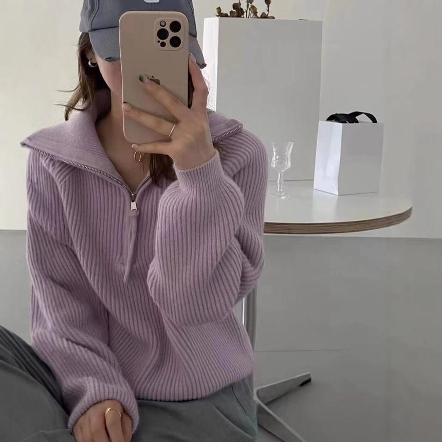 Stand Collar Plain Ribbed Half-Zip Sweater Product Image