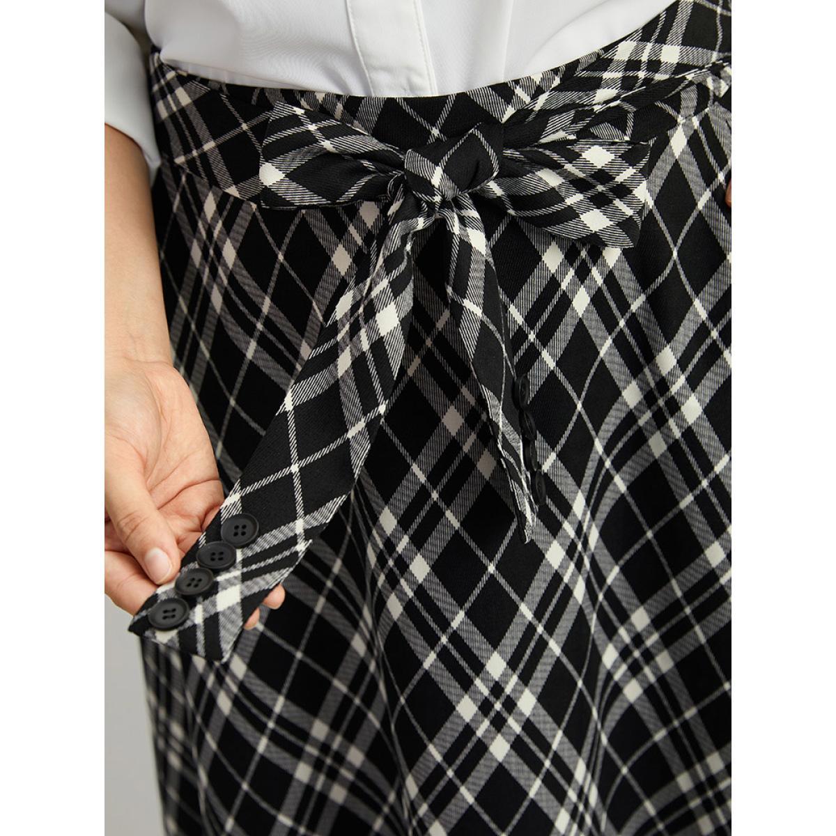 Plus Size Plaid Elastic Waist Knot Ties Skirt Women Black Office Cross straps No stretch Pocket Work Skirts BloomChic 28/5X Product Image