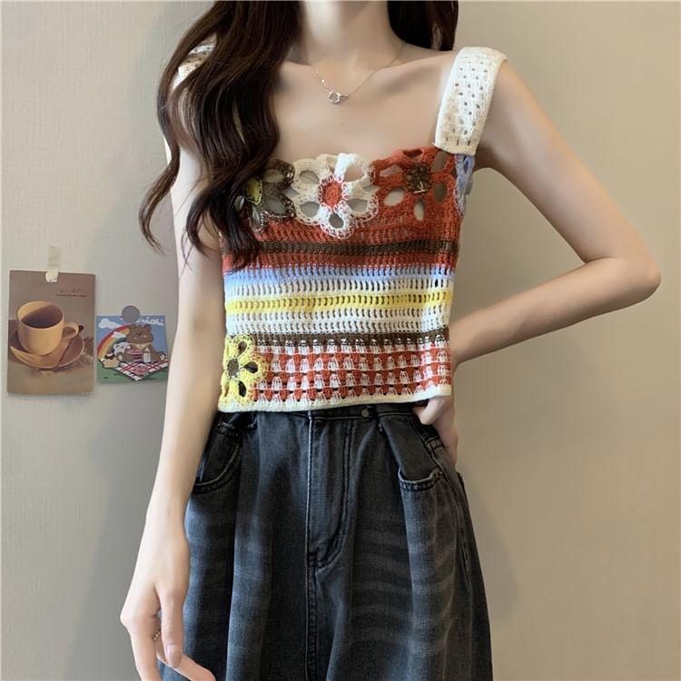 Striped Flower Embroidered Crochet Knit Crop Tank Top Product Image