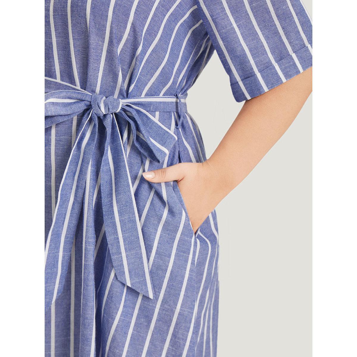 Plus Size Striped Print Belt Pocket Notched Button Up Dress Blue Women Office Cross straps Notched collar Short sleeve Curvy Midi Dress BloomChic 26/4X Product Image