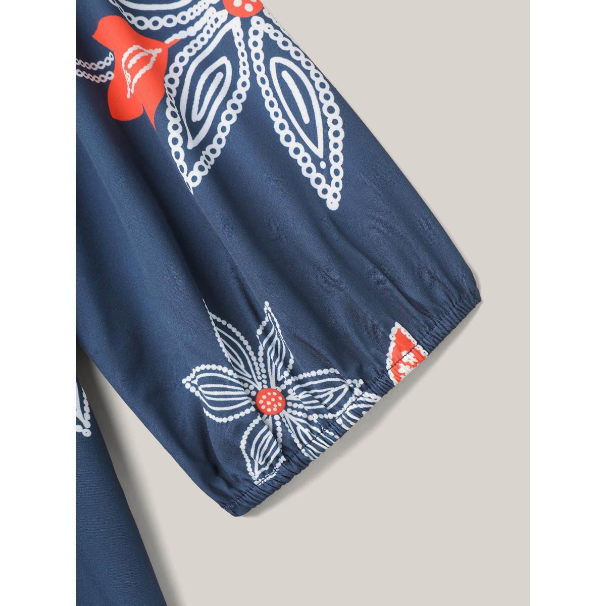 Plus Size Boho Floral Arc Neck Waist-Cinched Dress DarkBlue Women Resort Gathered V-neck Elbow-length sleeve Curvy BloomChic 12/L Product Image