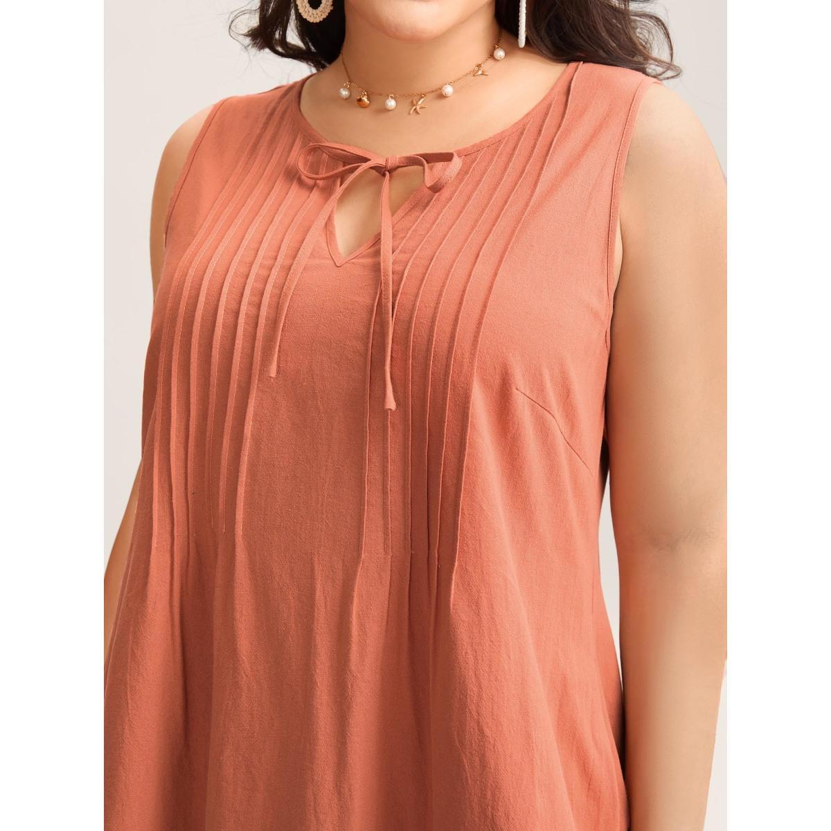 Plus Size Cotton Toothpick Pleat Plain Midi Dress Coral Women Notched collar Sleeveless Curvy BloomChic 12/L Product Image