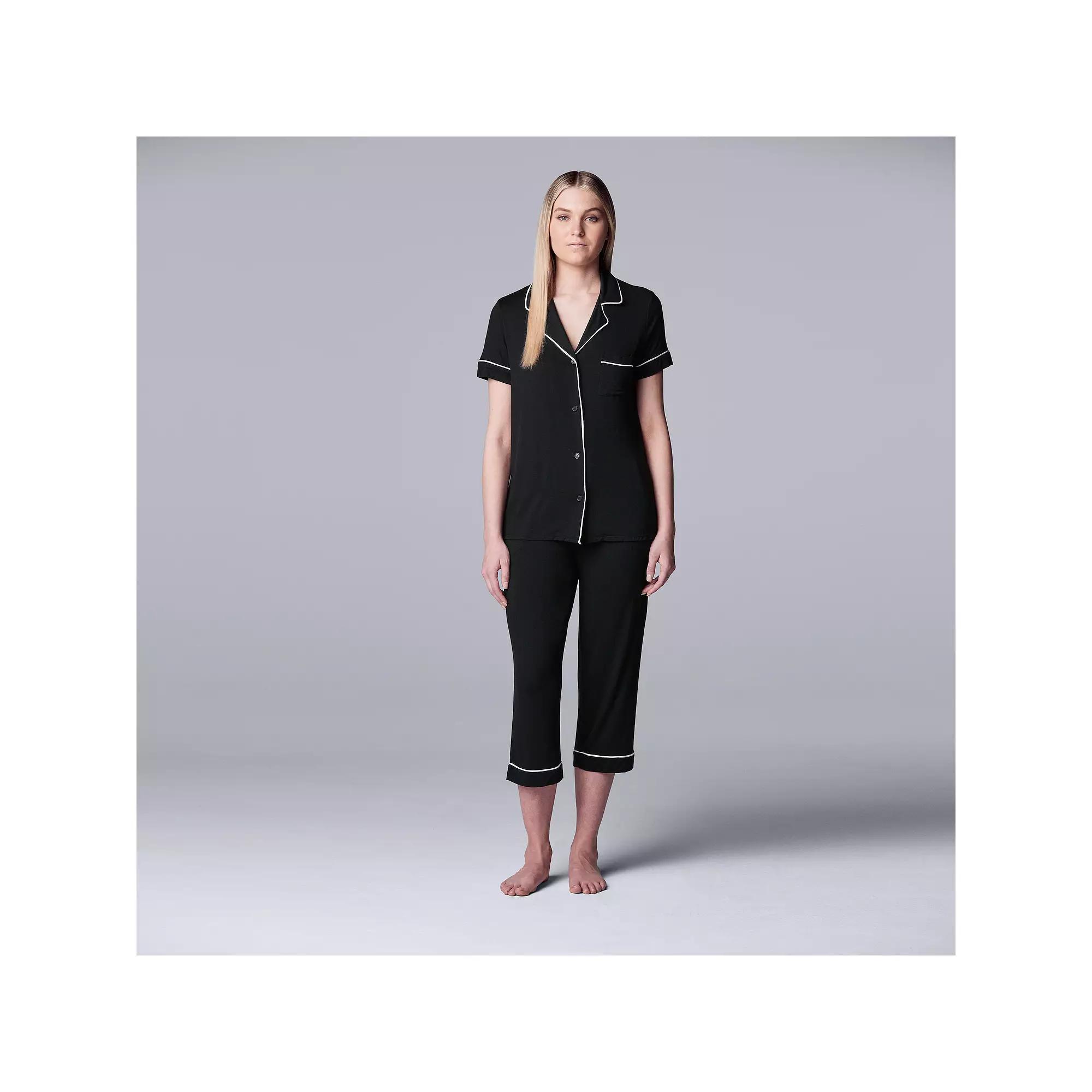 Women's Simply Vera Vera Wang Basic Luxury Notch Collar Pajama Shirt & Pajama Capris Set, Size: XS, Black Product Image