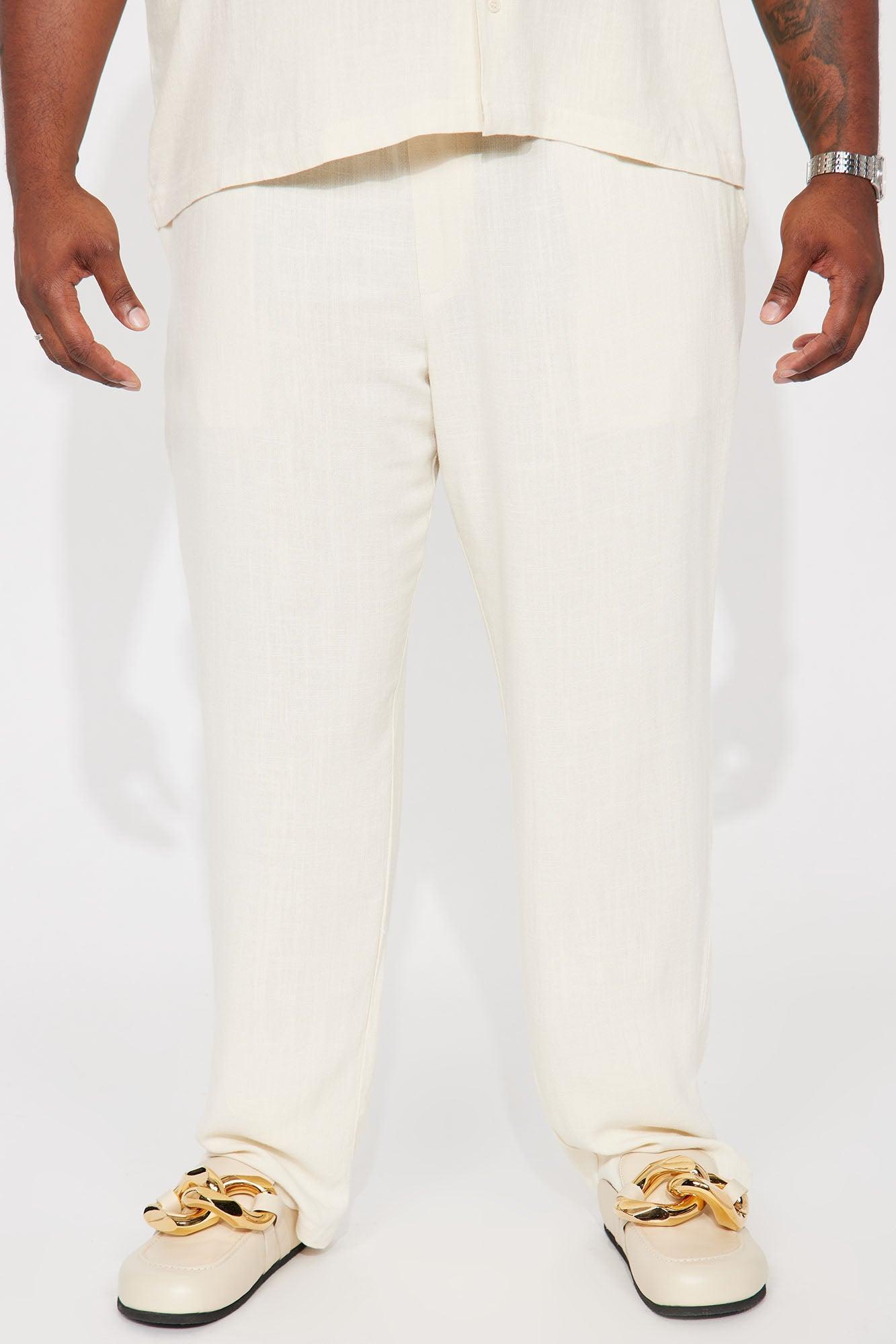 Solid Textured Linen Pull On Side Slit Pants- Cream Product Image