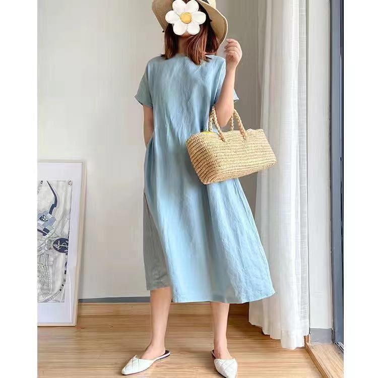 Short-Sleeve Round Neck Plain Midi A-Line Dress Product Image
