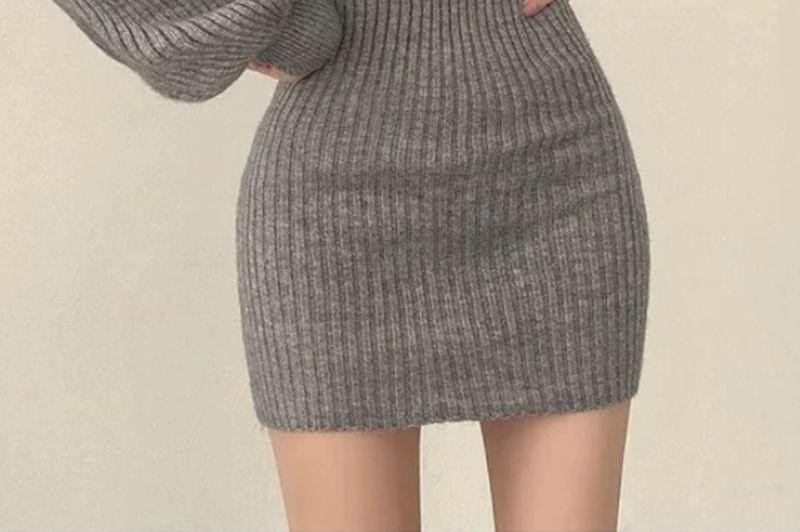 Long-Sleeve Square Neck Plain Ribbed Mini Sheath Knit Dress Product Image
