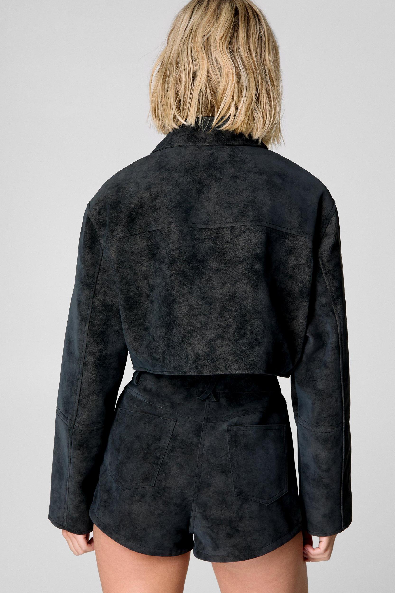 Distressed Faux Leather Trucker Jacket Product Image
