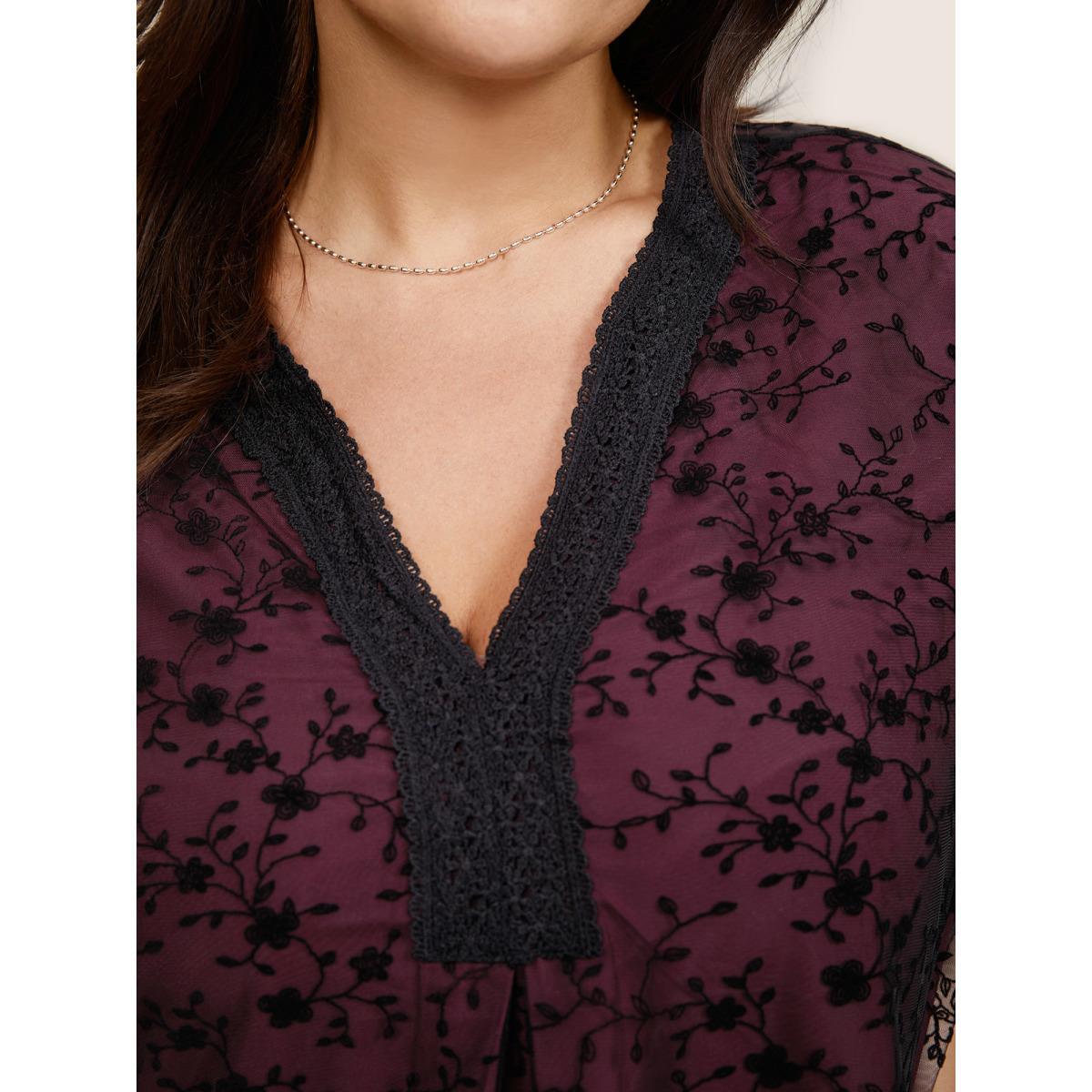 Plus Size Burgundy Crochet Lace Mesh Bell Sleeve Blouse Women Cocktail Elbow-length sleeve V-neck Party Blouses BloomChic 12/L Product Image