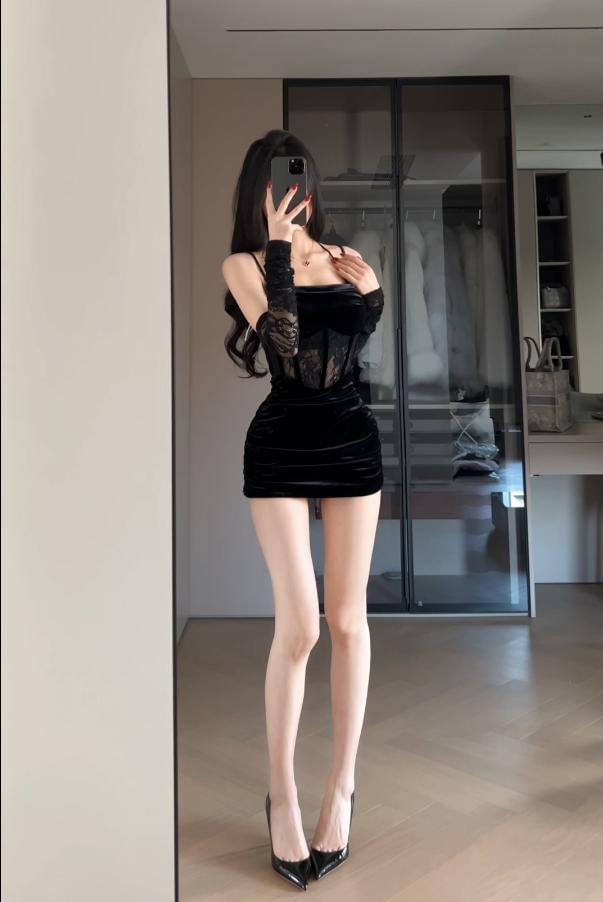 Spaghetti Strap Velvet Panel Lace Bodycon Dress with Arm Sleeves (Various Designs) Product Image