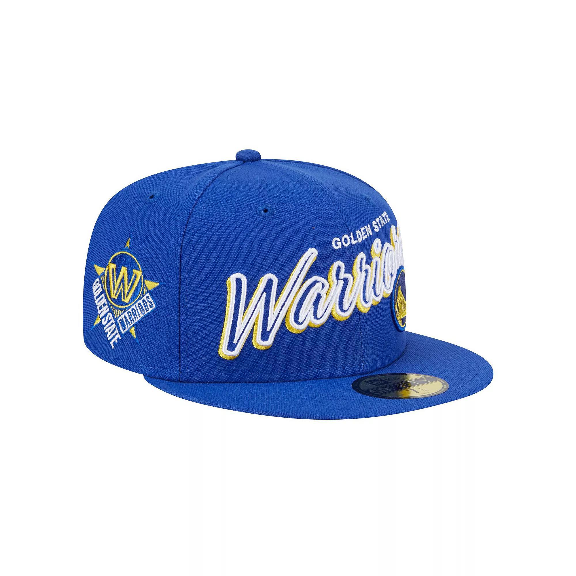 Men's New Era Royal Golden State Warriors Sport Night Script Sided 59FIFTY Fitted Hat, Size: 7 3/4, Blue Product Image