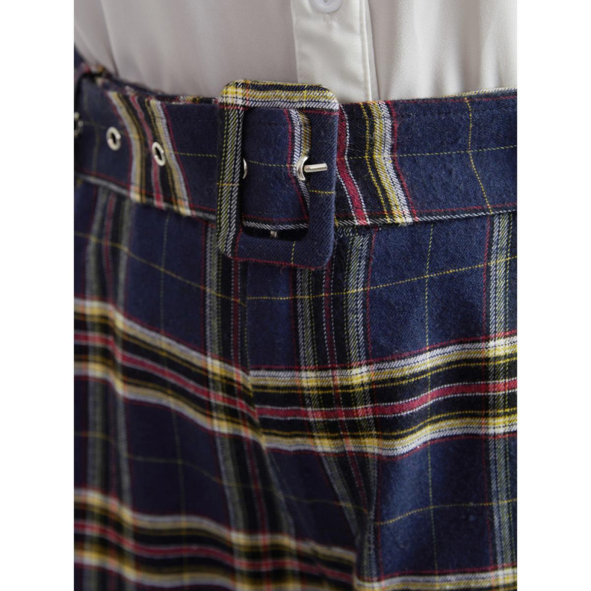 Plus Size Plaid Pocket Eyelet Belted Straight Leg Pants Women Indigo Office Straight Leg High Rise Work Pants BloomChic 18-20/2X Product Image