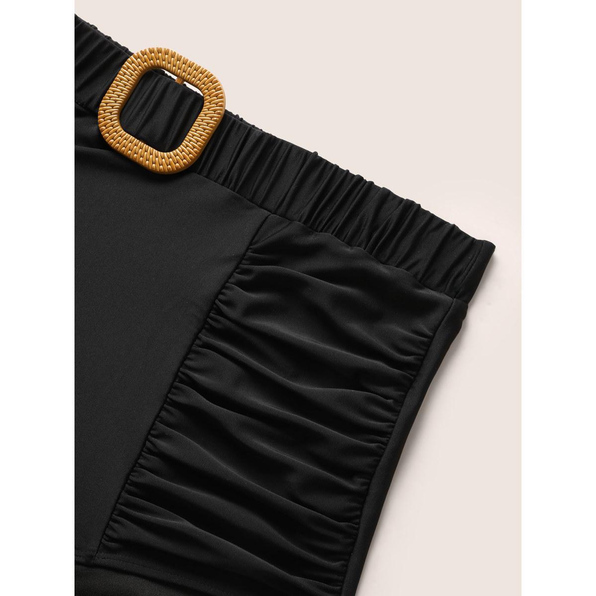 Plus Size Solid Buckle Detail Ruched Swim Bottom Women's Swimwear Black Beach Non High stretch Skinny High Rise Curve Swim Bottoms BloomChic 10/M Product Image