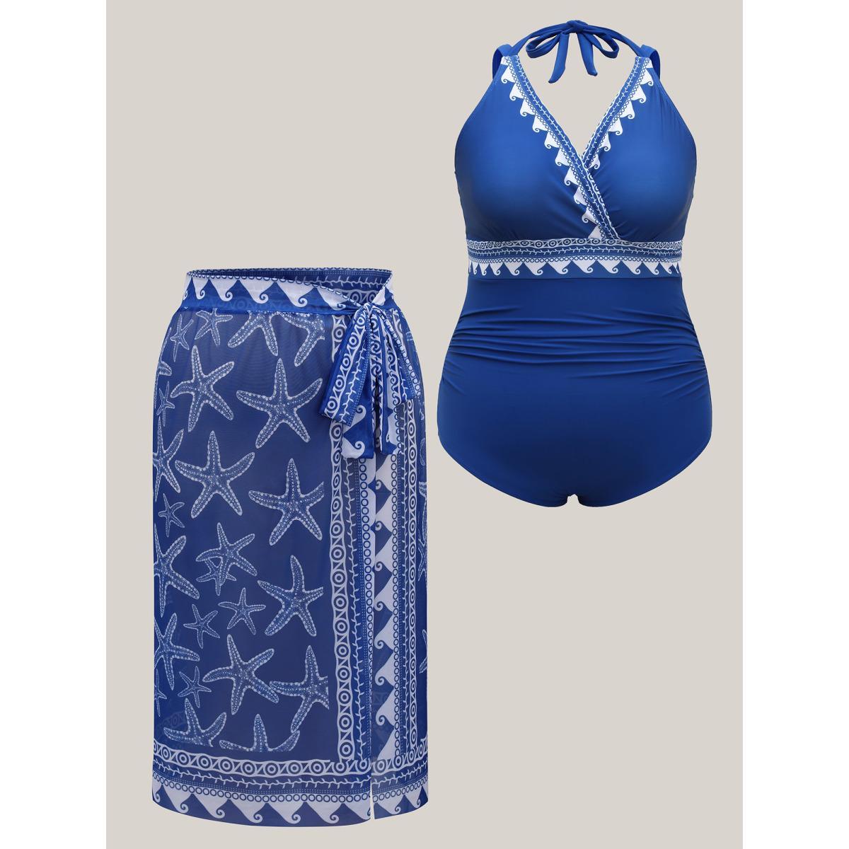 Plus Size Two-Piece Ocean Print Swimsuit Women's Swimwear Mediumblue Beach Tie knot Curve Bathing Suits High stretch One Pieces BloomChic 26/4X Product Image