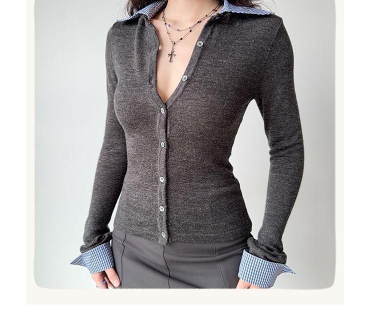 Collared Mock Two-Piece Plaid Panel Button-Up Cardigan Product Image