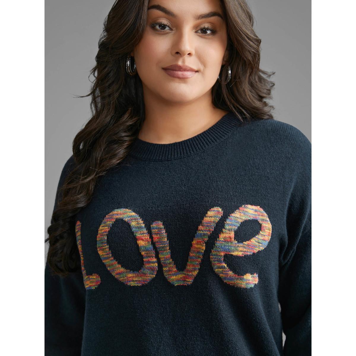 Plus Size Supersoft Essentials Love Pattern Heather Pullover Indigo Women Casual Loose Long Sleeve Round Neck Everyday Pullovers BloomChic 12/L Product Image
