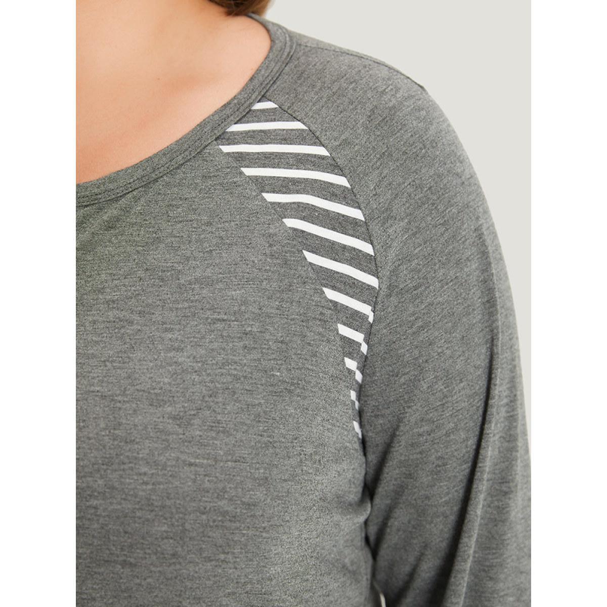 Plus Size Striped Patchwork Button Up Round Neck T-shirt DimGray Women Casual Contrast Striped Round Neck Dailywear T-shirts BloomChic 10/M Product Image