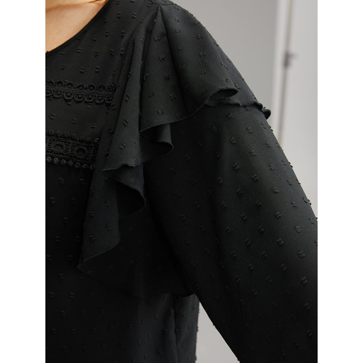 Plus Size Black Solid Contrast Lace Tiered Ruffles Blouse Women Elegant Long Sleeve Round Neck Dailywear Blouses BloomChic 26/4X Product Image