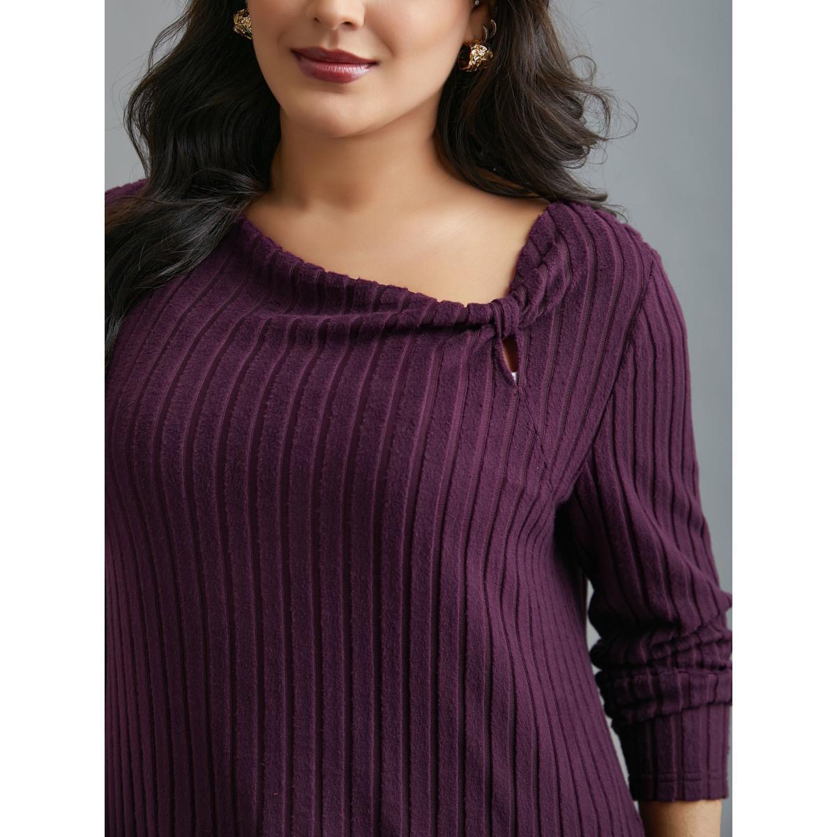 Plus Size Textured Twisted Asymmetric Neck T-Shirt Eggplant Women Elegant Twist Asymmetrical Neck Everyday T-shirts BloomChic 14-16/1X Product Image