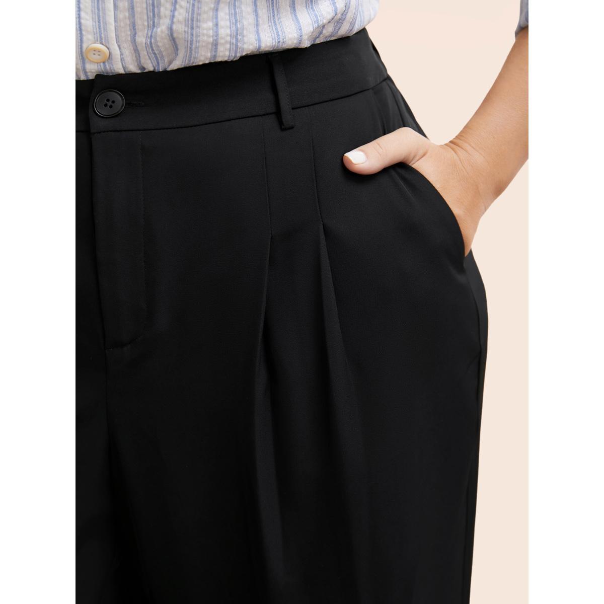 Plus Size Stretch Woven Pleated Elastic Waist Pants Women Black At the Office Wide Leg Mid Rise Work Pants BloomChic 30/6X Product Image