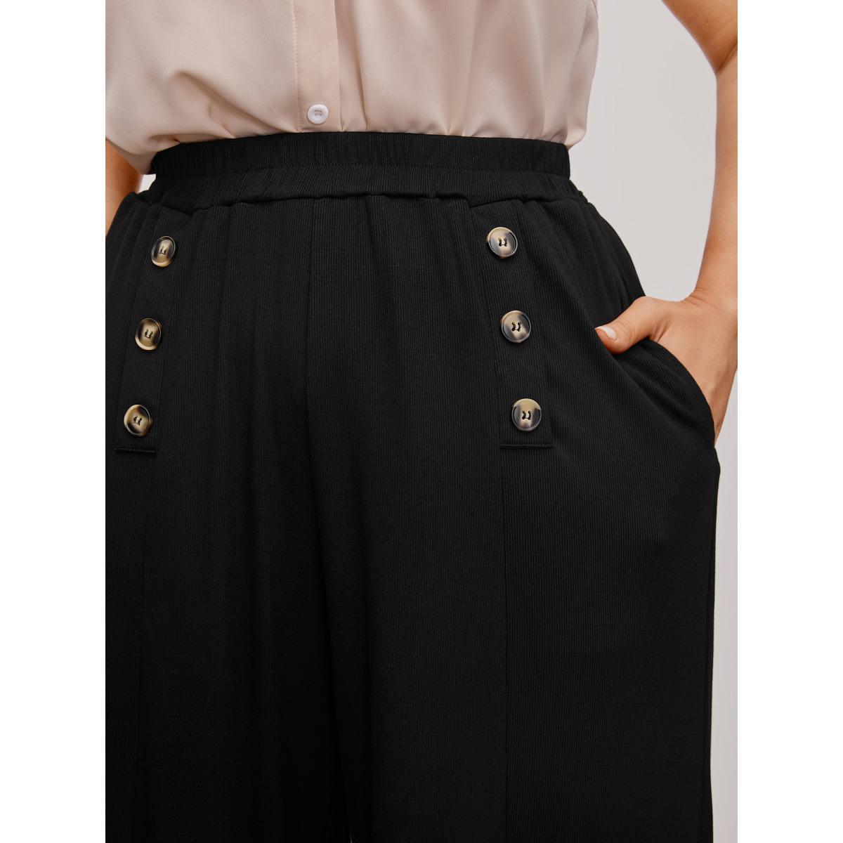 Plus Size Supersoft Essentials Button Detail Wide Leg Pants Women Black Elegant Wide Leg High Rise Everyday Pants BloomChic 10/M Product Image