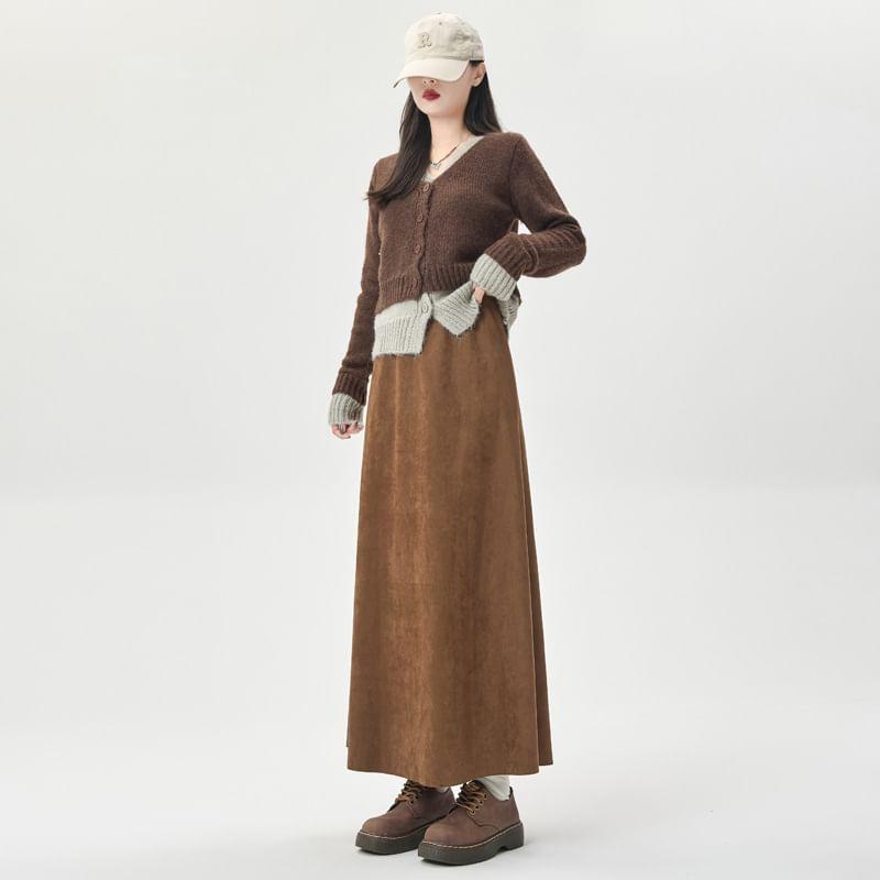 Elastic Waist Plain Faux Suede Midi A-Line Skirt Product Image