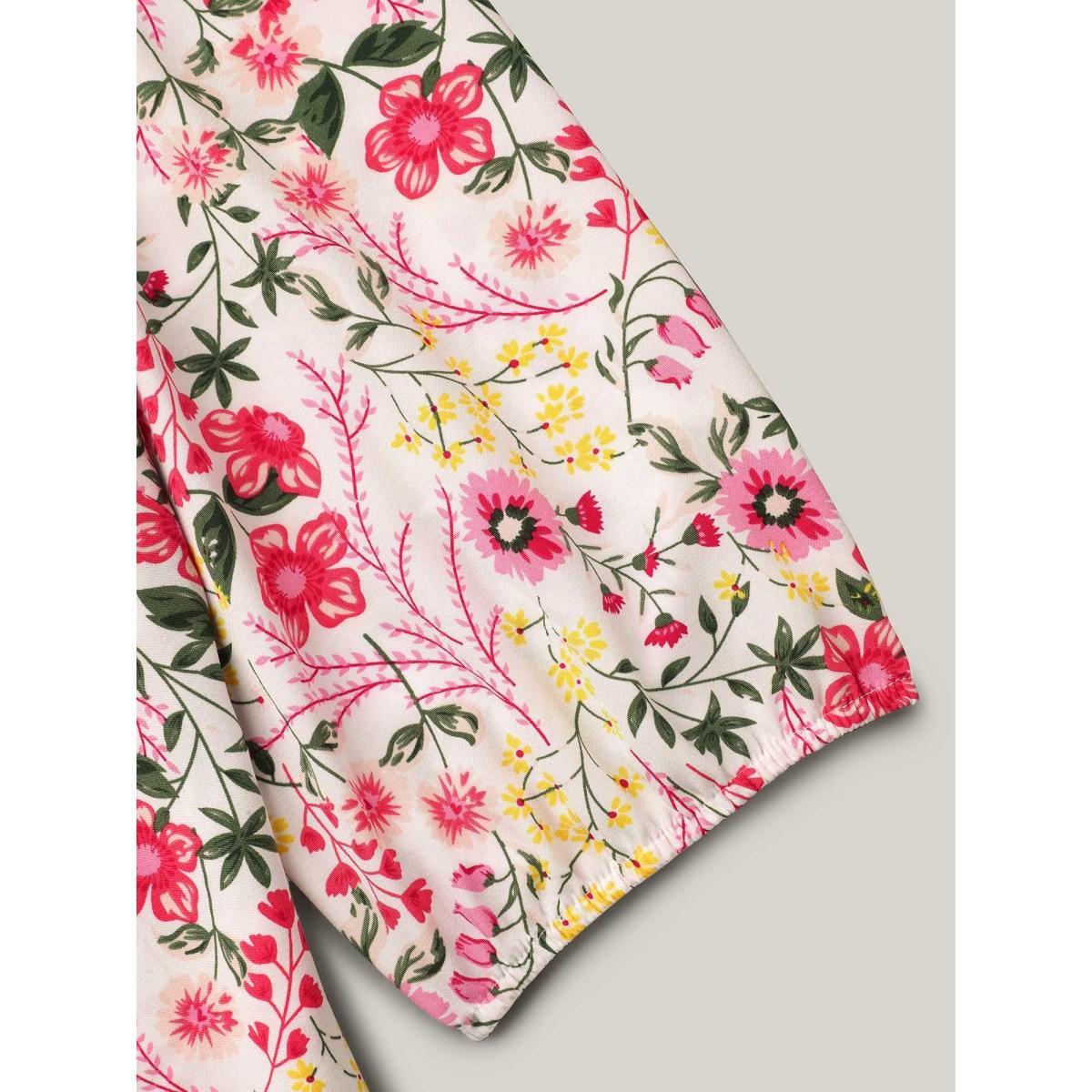 Plus Size WhiteSmoke Floral Print Notched Collar Shirt Women Elegant Elbow-length sleeve Notched collar Everyday Blouses BloomChic 14-16/1X Product Image