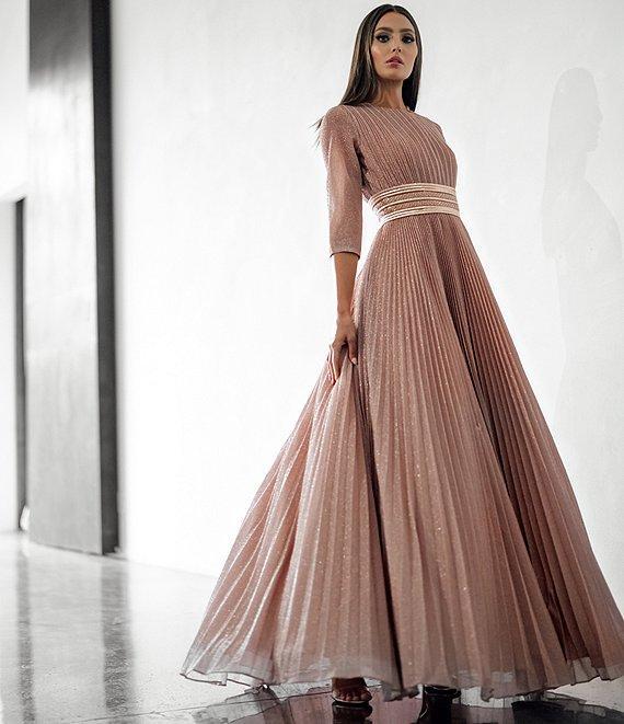 Ieena for Mac Duggal Crew Neck 3/4 Sleeve Shimmering Ball Gown Product Image