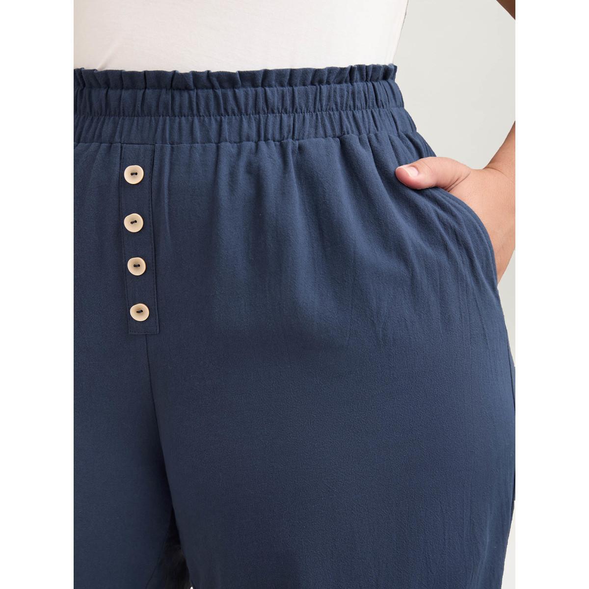 Plus Size Buckle Buttons Straight-Leg Pull On Pants Women Indigo Resort Straight Leg Mid Rise Vacation Pants BloomChic 12/L Product Image