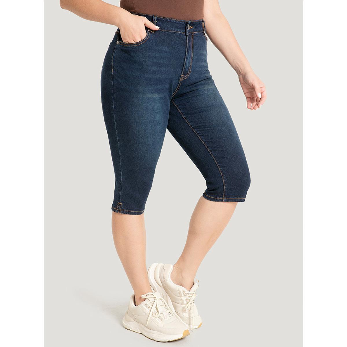 Plus Size Skinny Very Stretchy Dark Wash Split Knee Denim Shorts Women DarkBlue High stretch Dailywear Side seam pocket Casual Denim Shorts BloomChic 14/1X Product Image