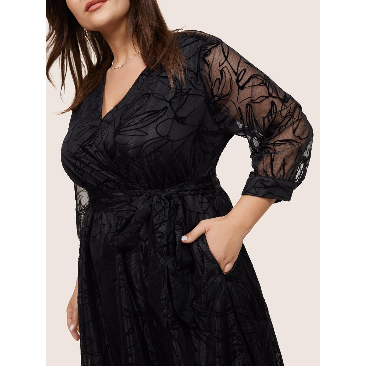 Plus Size Floral Flocked Tulle Belted Dress Black Women Glamour Wrap Overlap Collar Elbow-length sleeve Curvy Knee Dress BloomChic 22-24/3X Product Image
