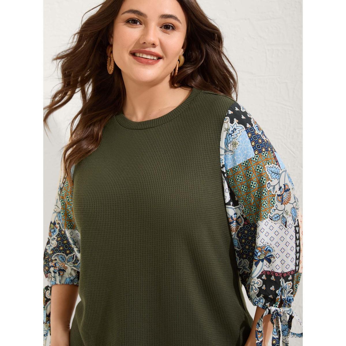 Plus Size Boho Print Ribbed Sleeve Tie Sweatshirt Women ArmyGreen Round Neck Vacation Sweatshirts BloomChic 28/5X Product Image