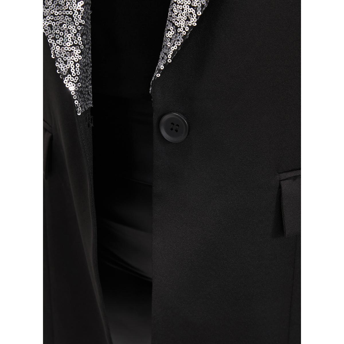 Plus Size Contrast Sequin Suit Collar Flap Pocket Blazer Black Women Going out Plain Patchwork Sleeve Long Sleeve Suit Collar 30/6X Pocket Party Blazers BloomChic Product Image