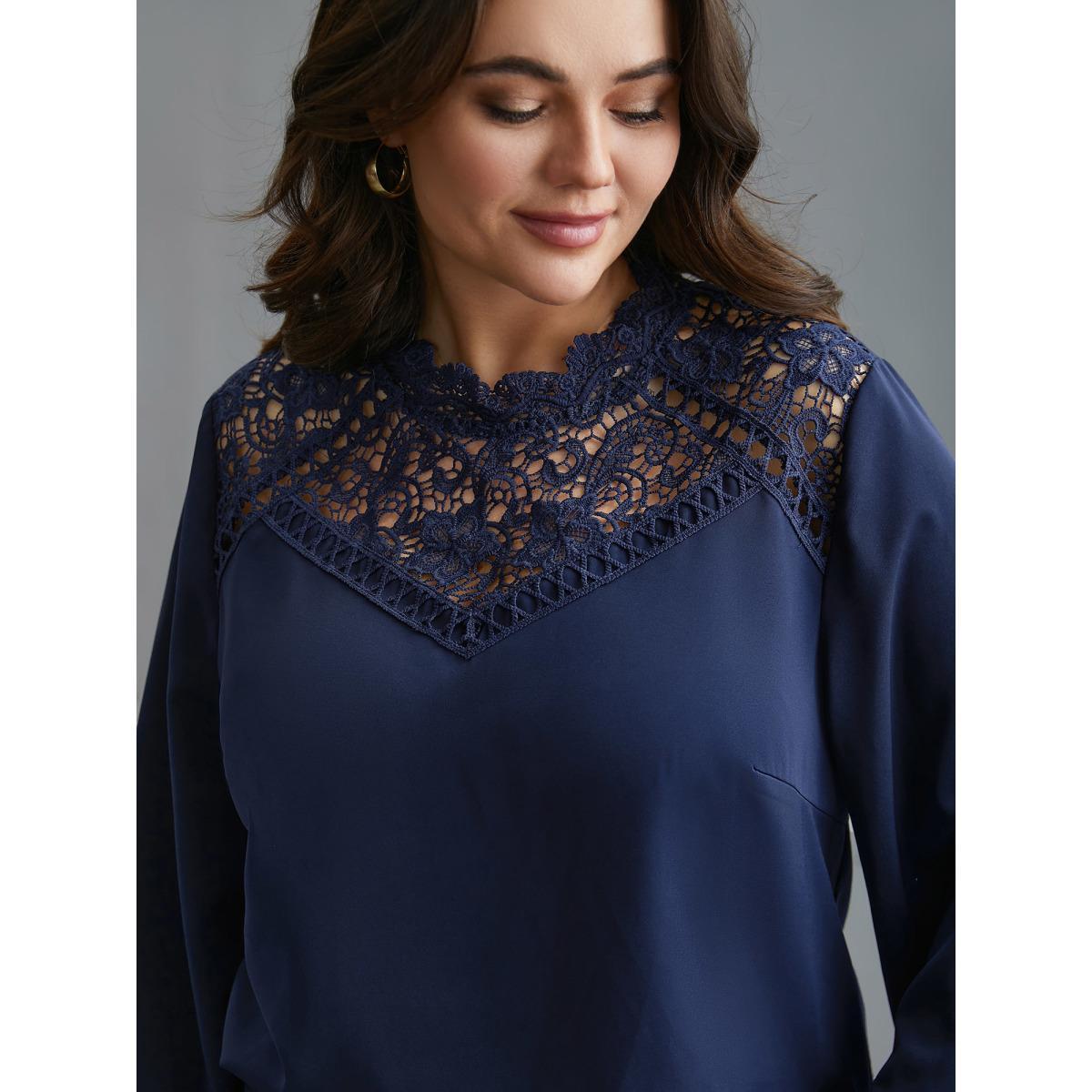 Plus Size Indigo Lace Cut-Out Sheer Stand Collar Blouse Women Elegant Long Sleeve Stand-up collar Everyday Blouses BloomChic 30/6X Product Image