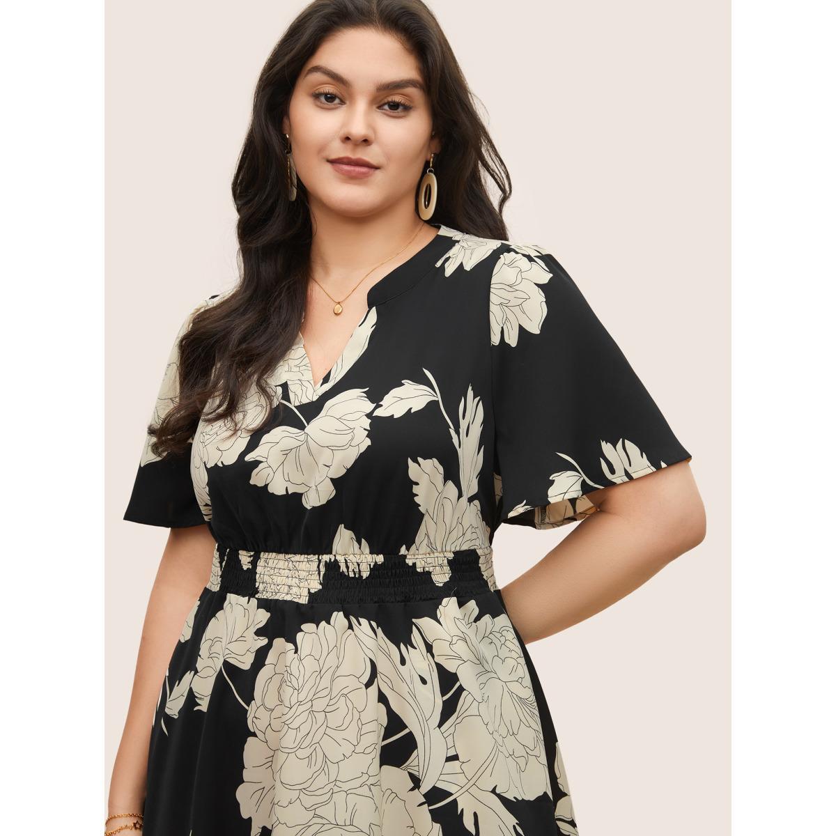 Plus Size Floral Print Notched Belted Flutter Sleeve Dress Black Women Elegant Non Notched collar Short sleeve Curvy Midi Dress BloomChic 18-20/2X Product Image