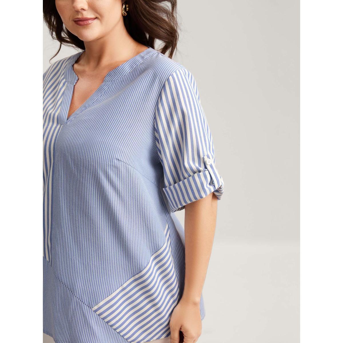 Plus Size DarkBlue Modern Stripes Notched Collar Blouse Women Elbow-length sleeve Flat collar with V-notch Work Blouses BloomChic 12/L Product Image