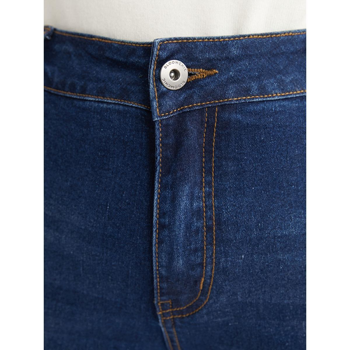 Plus Size Straight Slightly Stretchy High Rise Dark Wash Pocket Full Jeans Women DarkBlue Casual Plain Button Low stretch Pocket Jeans BloomChic 20/2X Product Image